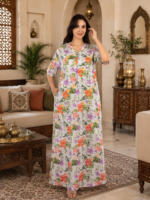 ⁦جلابية نسائية قطن مصري 100% بنقشة زهور – نصف كم-سلام⁩ - الصورة ⁦5⁩